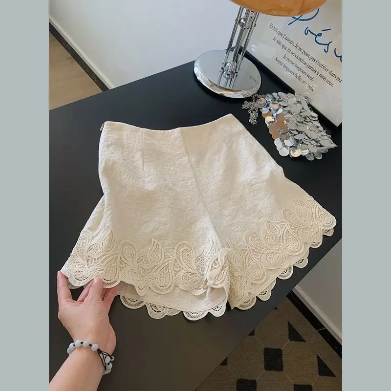 French Temperament Lace Splicing High Waist Shorts Women's Summer Casual Versatile Straight Wide-leg Pants