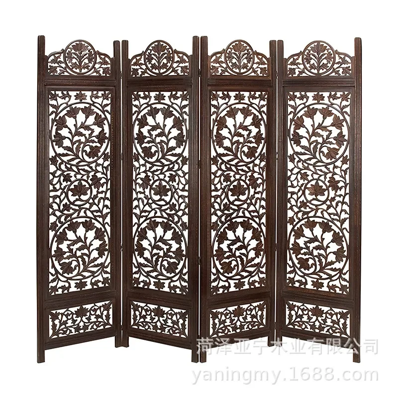 Solid Wood Folding Screen Hollow Carved Room Divider Portable Partition for Bedroom Office Living Space European Style Decor