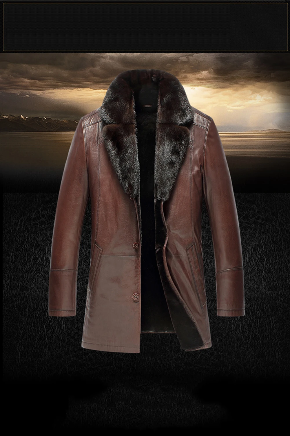 

Denny&Dora Men’s Mid-Length Sheepskin Shearling Coat with Mink Fur Collar, Black/Brown Leather Fur Jacket, Warm Winter Jacket