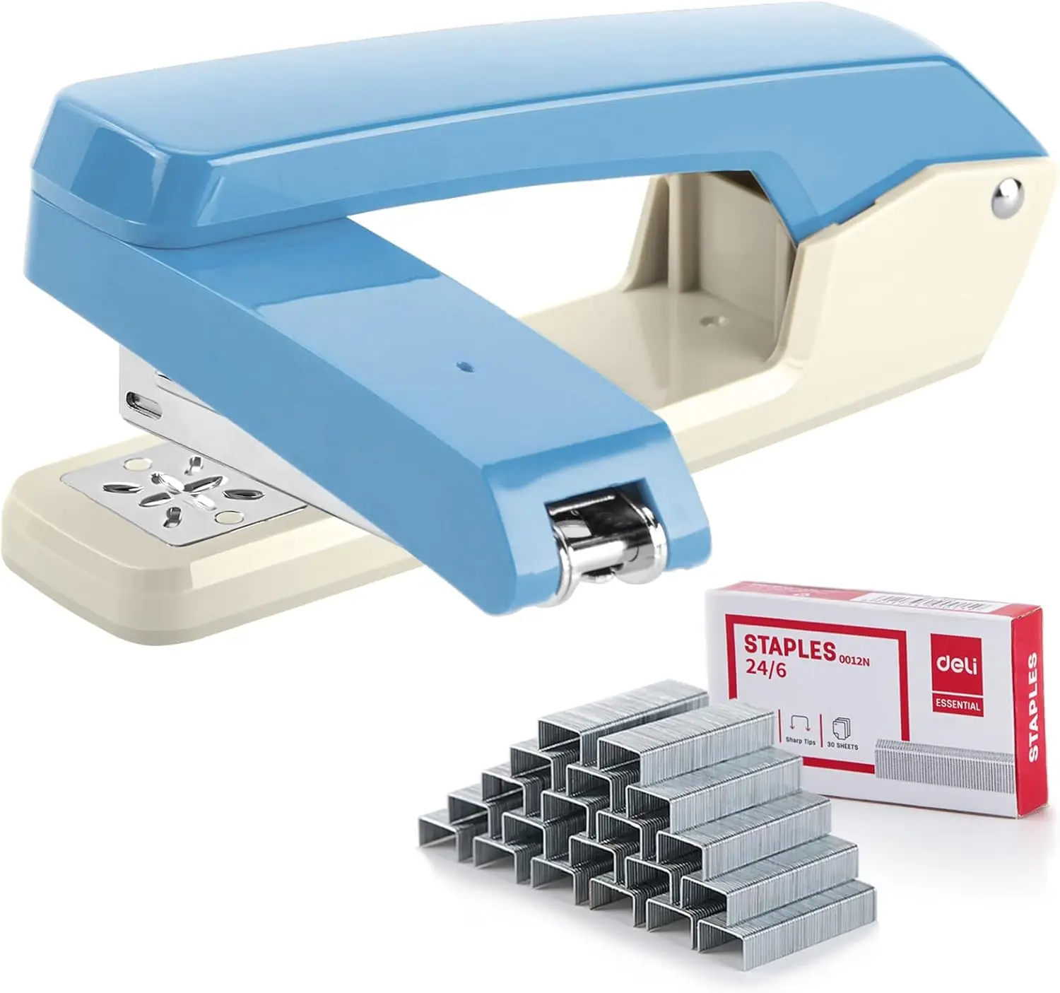 

360° Swivel Stapler, 25 Sheets Capacity, Long Reach for Booklet Binding, Blue+White