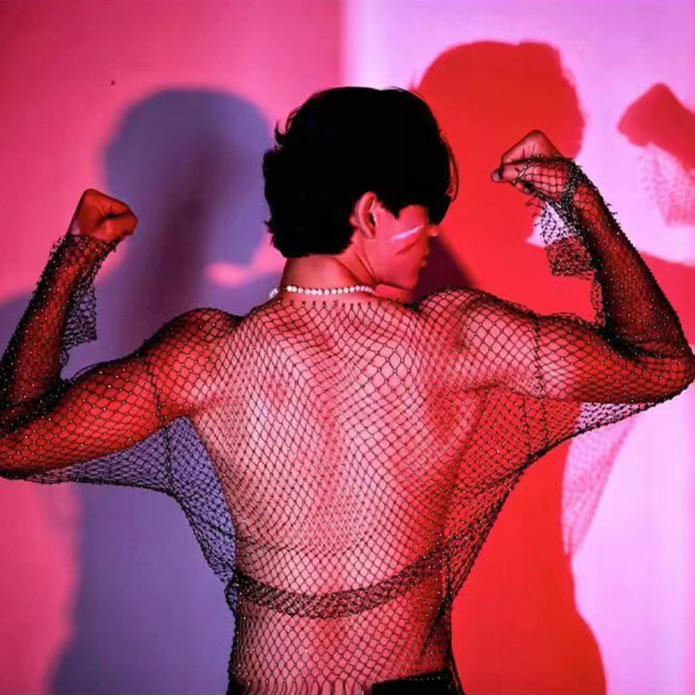 Mens Sexy Rhinestone Hollow Fishnet T-Shirt Streetwear Niche Nightclub Stage Show Performance Long-Sleeved Top Men'S Clothing