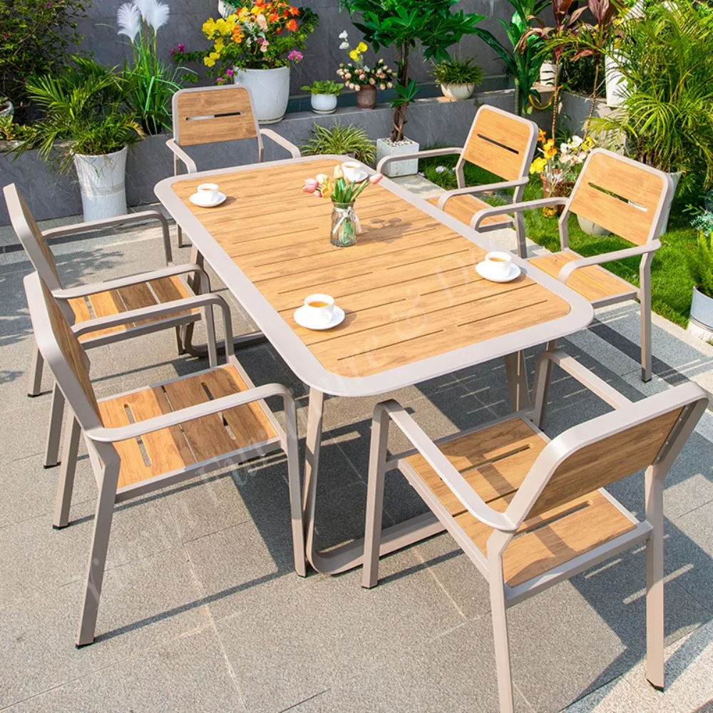 Plastic Wood Patio Furniture Set Leisure WPC Waterproof Weather Resistant Outdoor Courtyard Table and Chair
