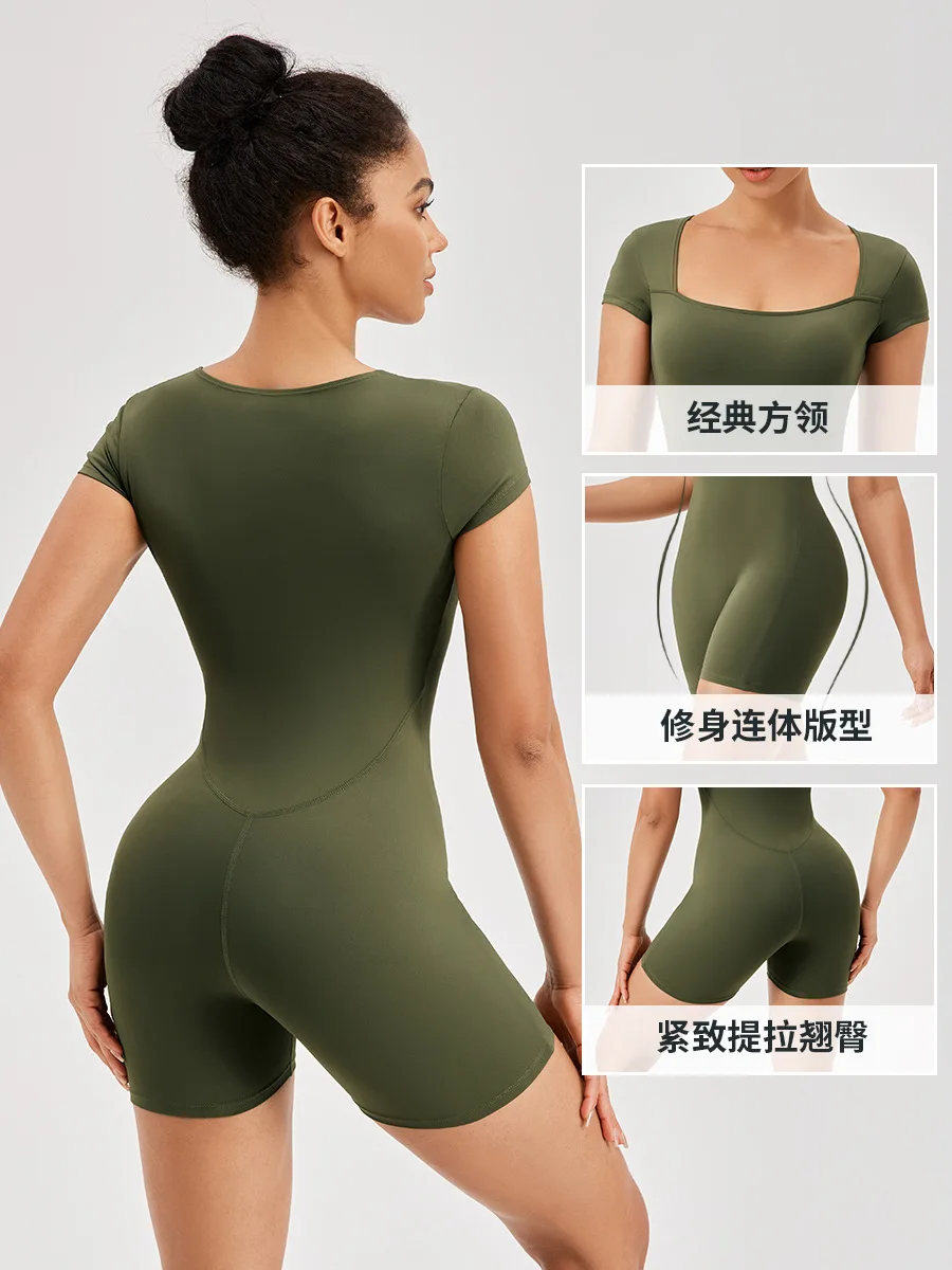 

Europe the United States tight sports jumpsuit short sleeve female collar naked sense of training running yoga fitness jumpsuit