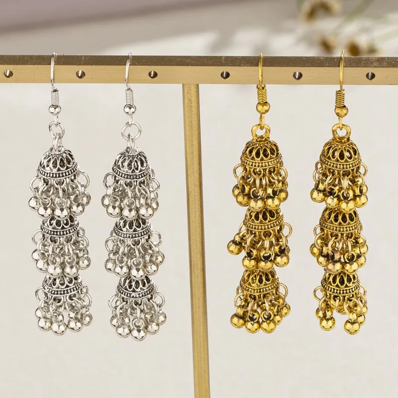 女性のための3層タッセルロングイヤリング,エスニックベルピアス,卸売り,新しいファッション