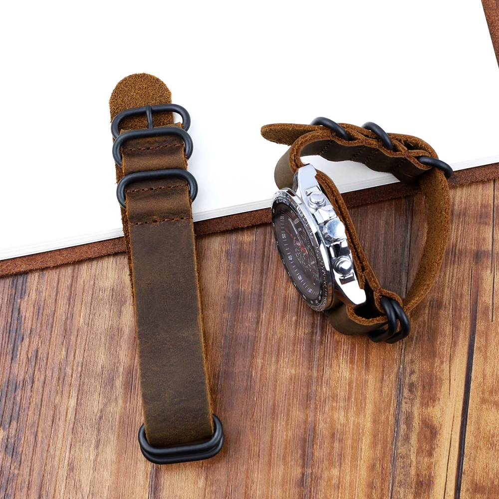 Handmade Crazy Horse Leather Strap 22mm Coffee Men Watch Strap Vintage Leather Watch Band with Five Rings Buckle