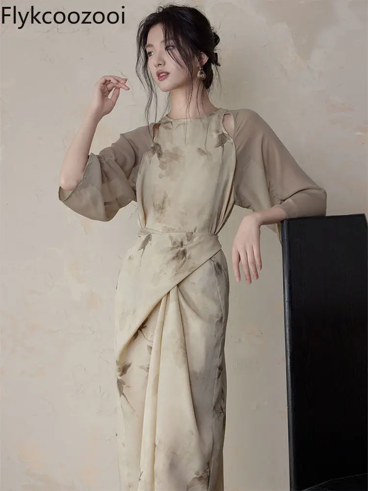 

Chinese Style Printed Ink Painting O-neck Hollow Out Cross Sash Mid Dress Women Waisted Slim Puff Sleeve Sheer Chiffon Dress