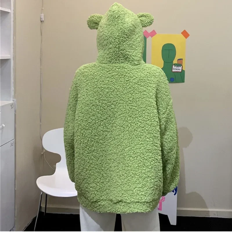 Faux Fur Long Sleeve Hooded Teddy Bear Ears Soft Hoodies White Autumn Winter Women Green Beige Zip-up Sweatshirt Kawaii Fleece