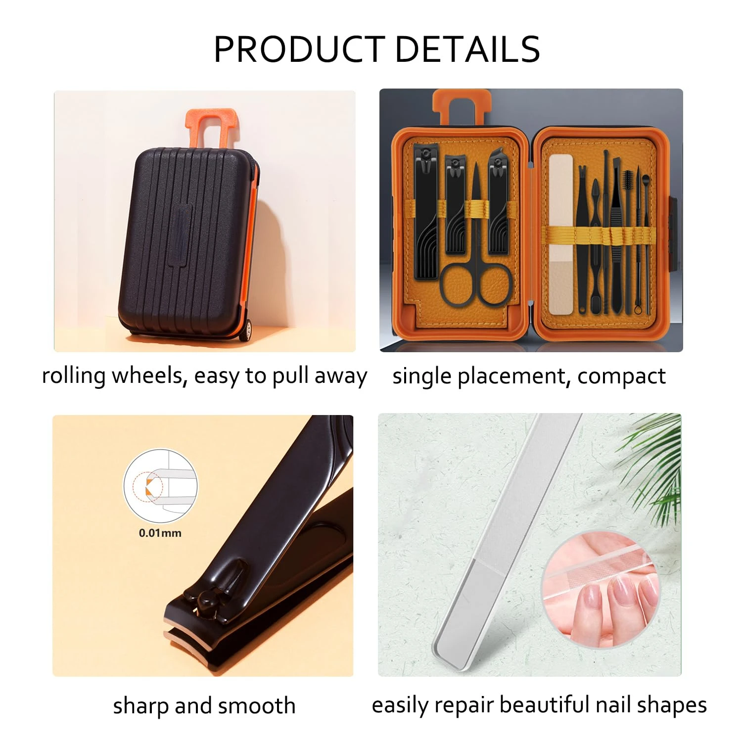 Kit de toilettage professionnel portable haut de gamme luxueux en acier inoxydable noir pour hommes et femmes en déplacement-ensemble complet de 12 pièces f