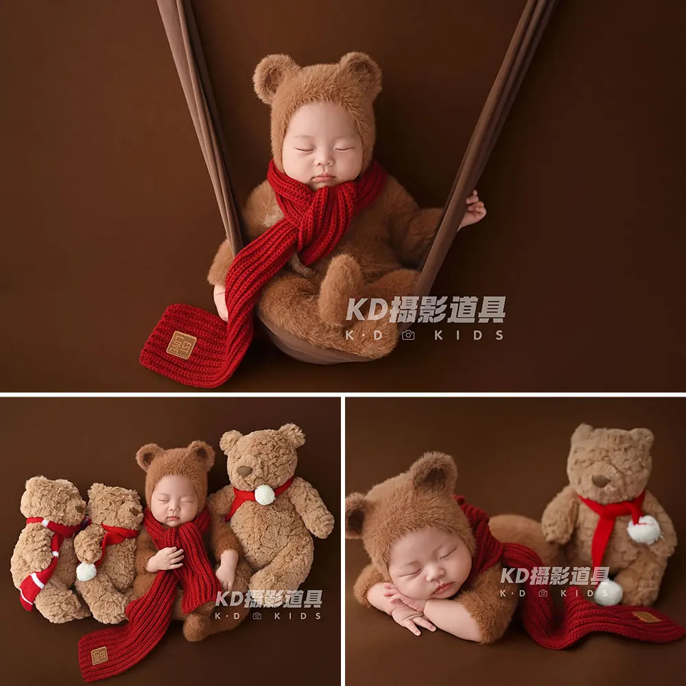 0-1 Month Newborn Photography Props Teddy Bear Style Knitted Outfit with Matching Hat and 6 Pcs Bear Dolls Footed Romper Overall