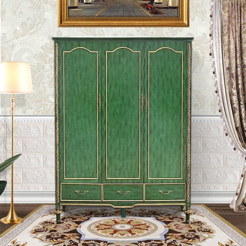 American country wardrobe, movable painted household small apartment wardrobe, European retro green custom storage wardrobe