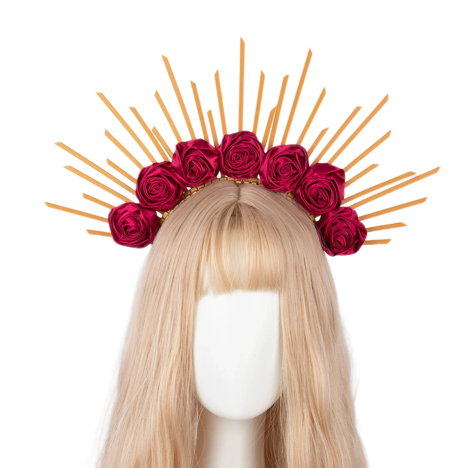 Hot Ins Red Rose Flower Spiked Halo Crown Headband Sun Goddess Headpiece Photo Shoot Hair Wreath Festival Headdress for Women