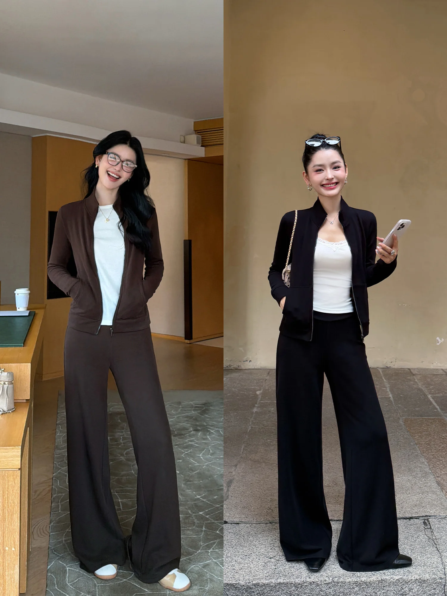 Pusumede Women's Zipper Knitted Hoodie Jacket And Casual Pants Set Straight Leg Fit Autumn Fashion Outfit Stand Collar Sweats...