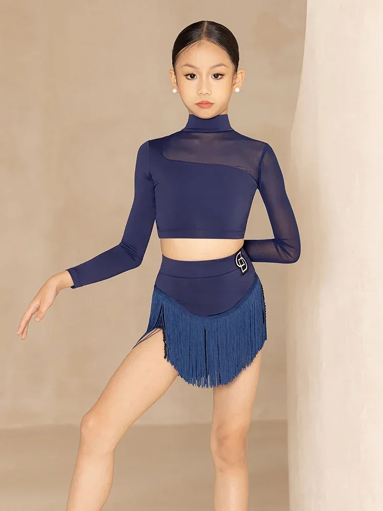 Children Latin Dance Dress Blue Long Sleeve Samba Line Dance Costume Cha Cha Practice Dancing Clothes Tassel Skirt Set for Girl