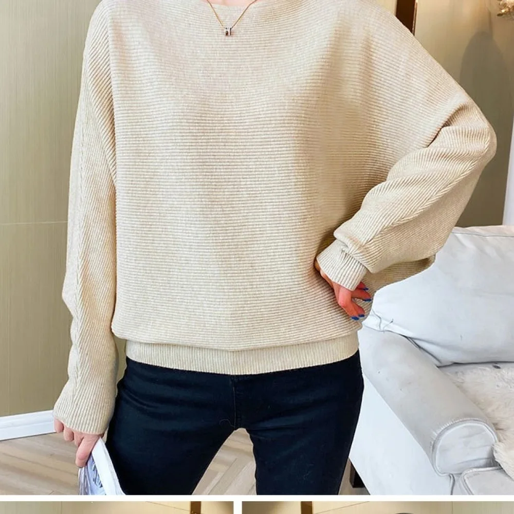 Elegant Women Off Shoulder Knitwear Batwing Sleeve Pullover Soft Comfortable Casual Loose Fit Spring Autumn Solid Color Sweater