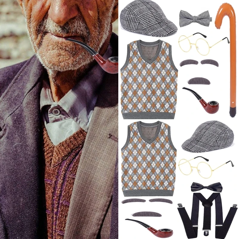 Old Man Costume for Kids 100 Days of School Costume for Boys with Old Man Hat Old Person Glasses Costume Cane Vest Set