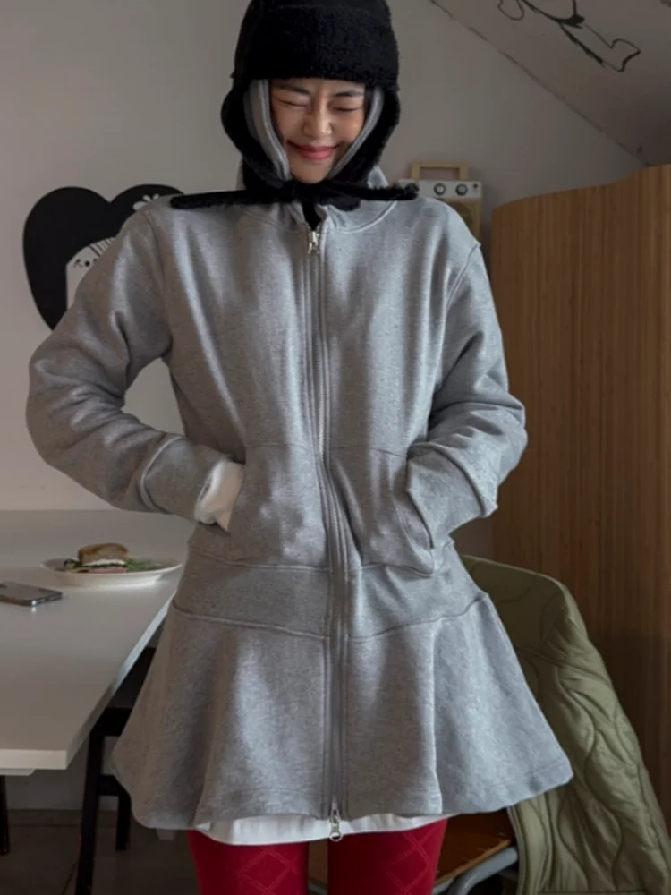 

Chic Long Hoodie Jaet Women's Loose Waist Dstring Pleated Lace A-Line Top Zipper Closure Casual Commute Sle Long Sve