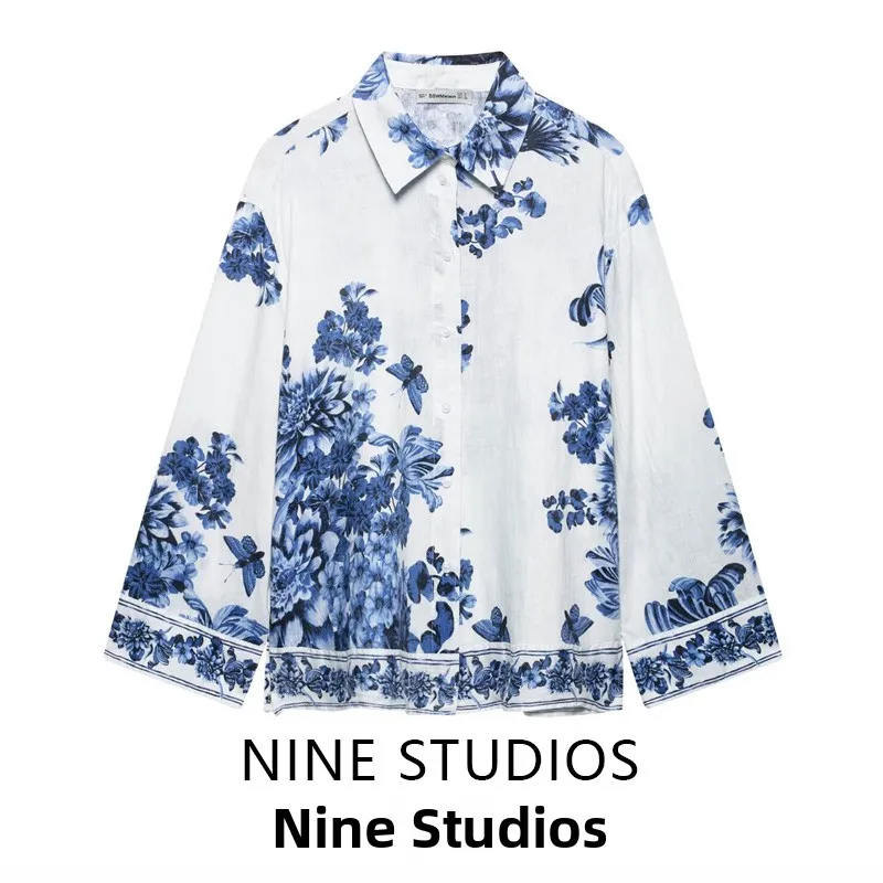 

Loose Fit Linen irt Women's Printed Long Sve Turn-down Collar Wide Sve Top Commute Sle Regular Length Polyester Fiber