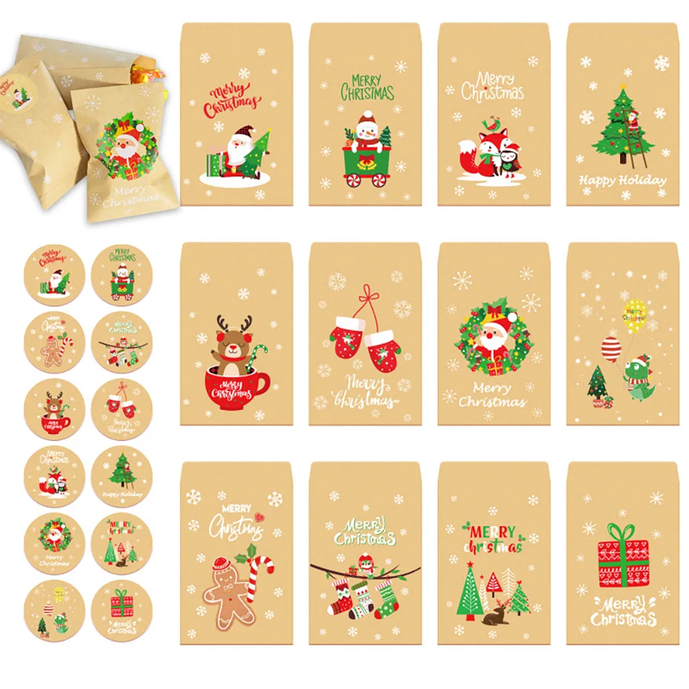 Runtowo 48 Stück Weihnachts-Kraftpapiertüte, Weihnachtsverpackung, Geschenkverpackung, Weihnachtsmann, Weihnachten, Schneemann, Rentier, Umschlagtasche, Neujahr