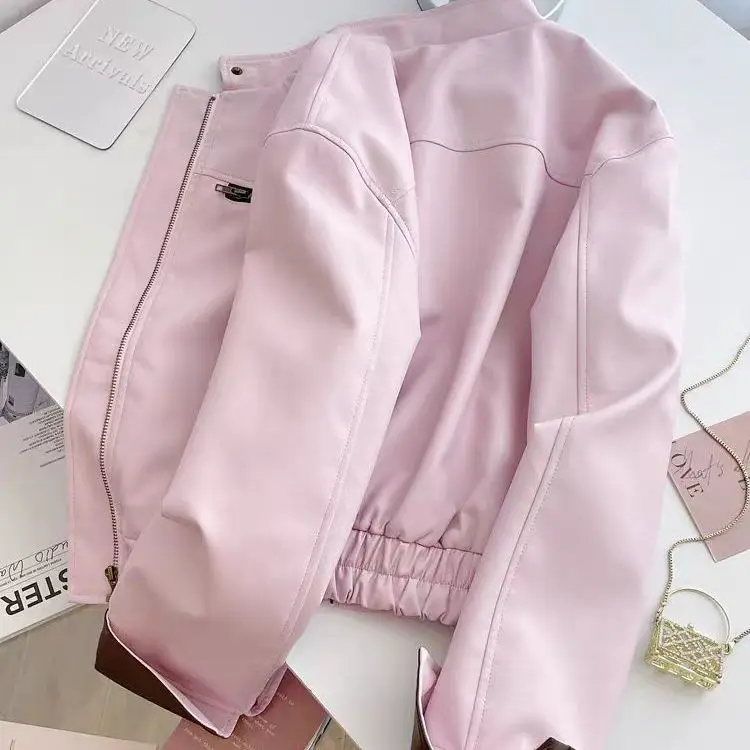 American Retro PU Leather Jacket Women's Spring Autumn 2026New Stand-up Collar Leather Coat Short Female Overwear Motorcycle Top