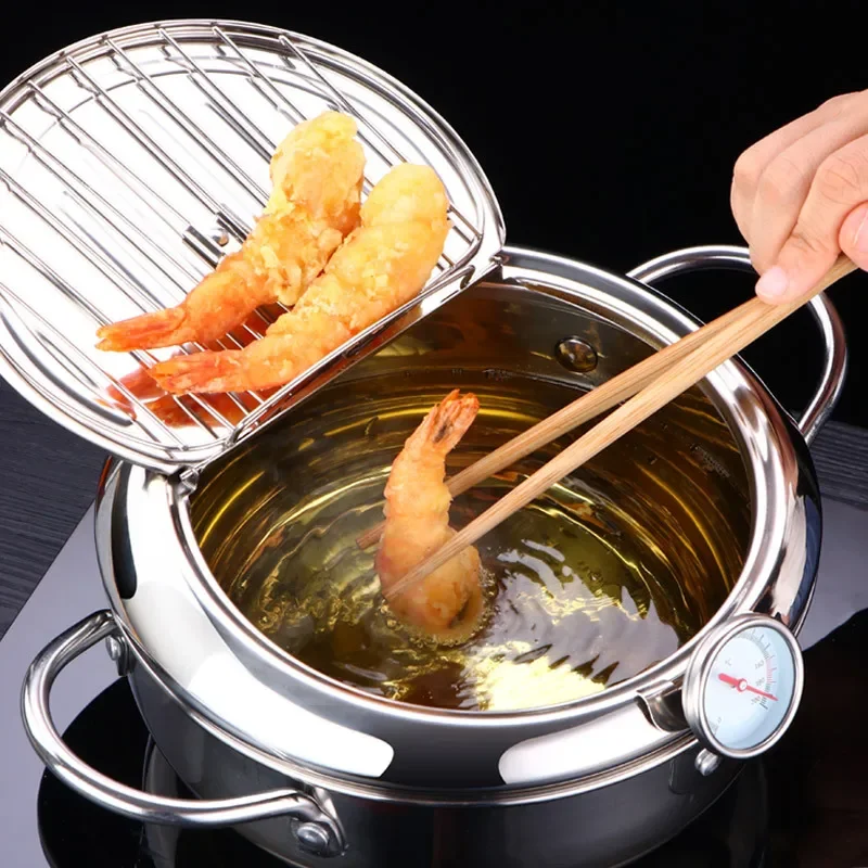 Japanese Deep Frying Pot with a Thermometer and a Lid 304 Stainless Steel Kitchen Tempura Fryer Pan 20 24 cm KC0405