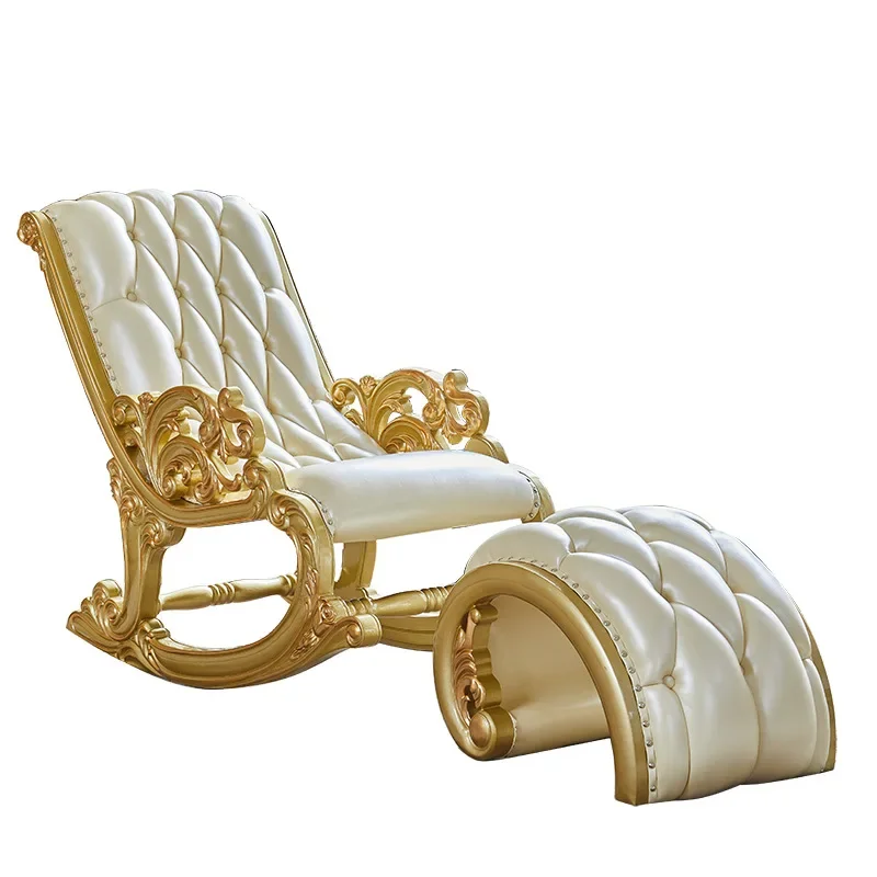 European solid wood high-end luxury leather rocking chair recliner balcony leisure lunch break chair bedroom