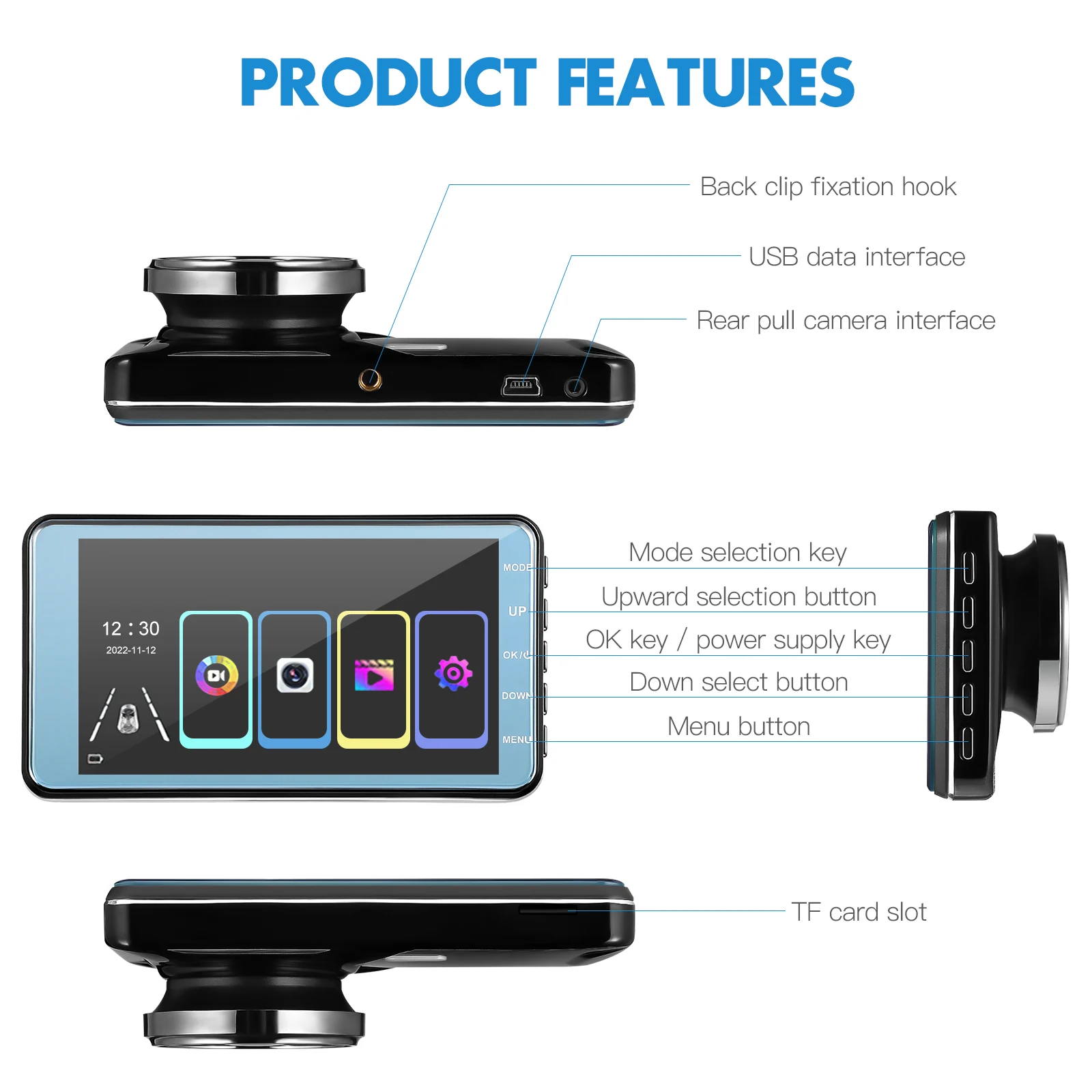 

Dual Lens Car Dash Camera 4 Inch HD Screen ABS Material Front Rear Recording Motion Detection 24H Parking Monitor for Vehicle