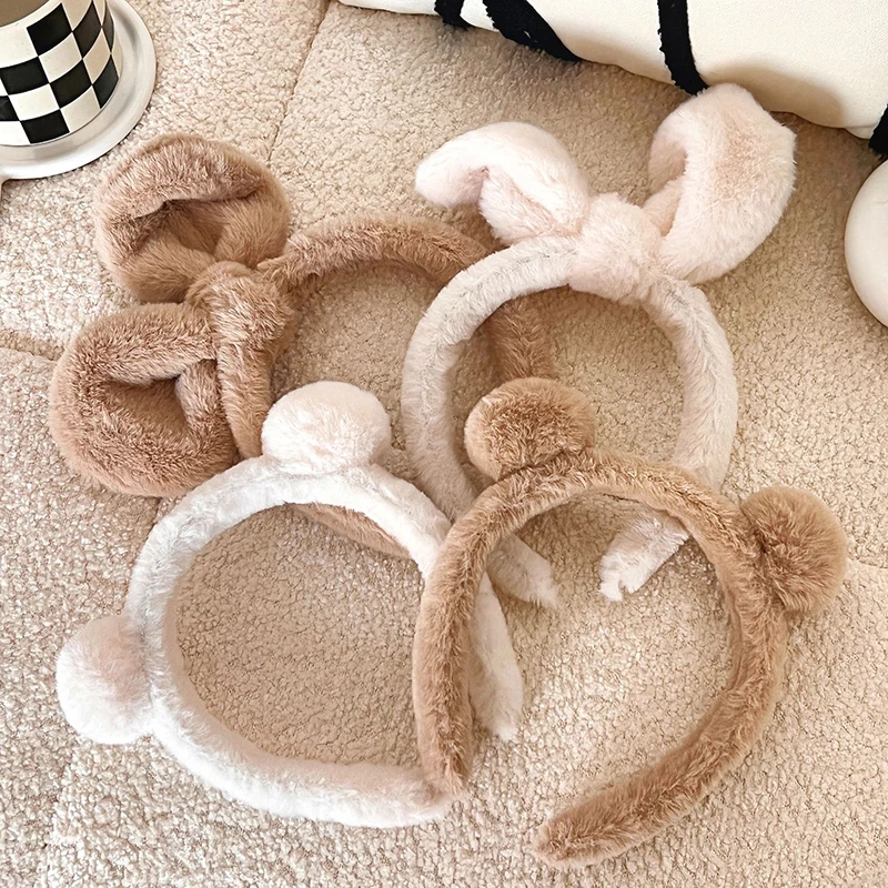 Plush Bear Ears Head Hoop Solid Color Fluffy Hair Accessories Makeup Wash Face Hair Hoop Autumn Winter Headwear For Women Girls