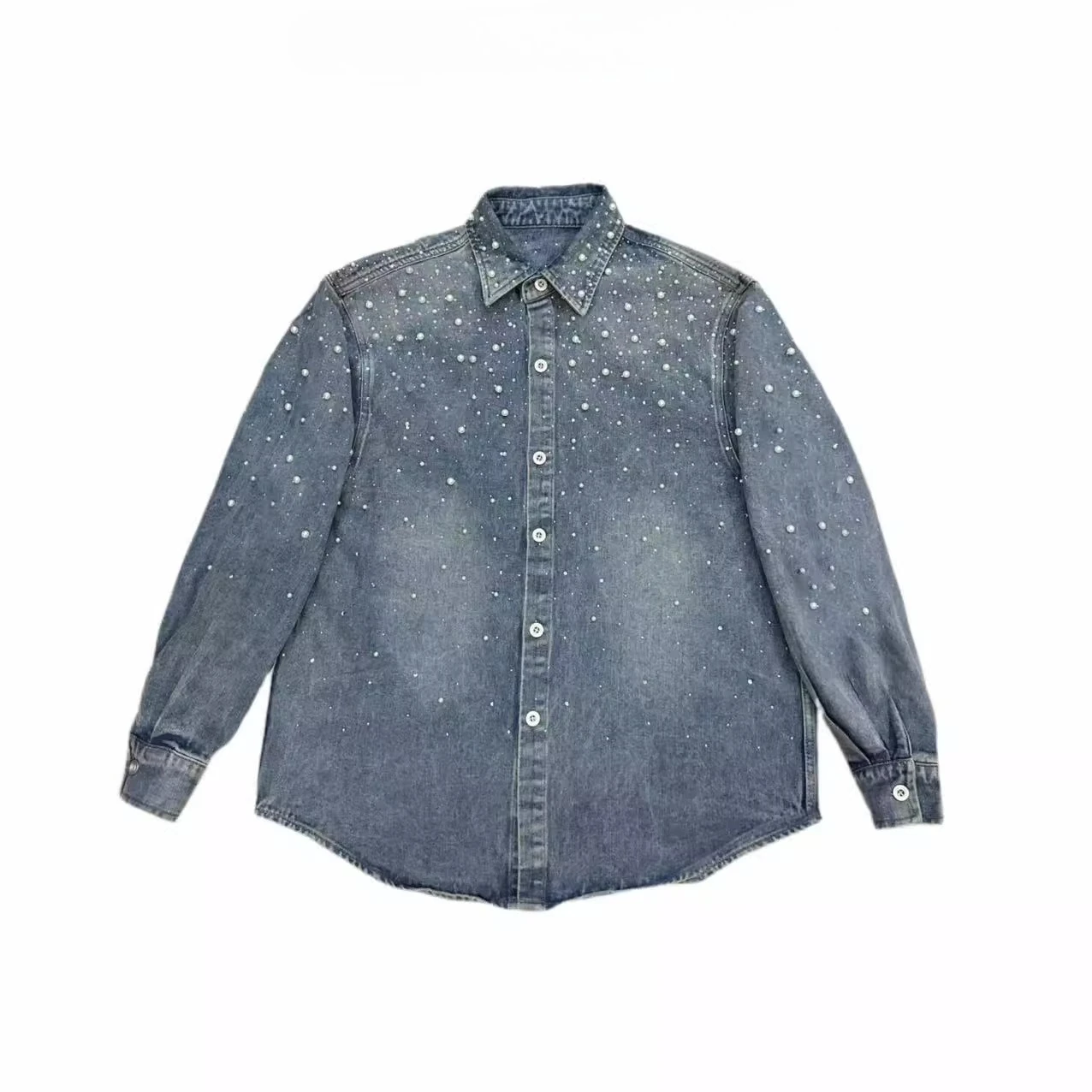 خريف جديد النمط الياباني الأصلي الدنيم قميص طويل الأكمام غسلها خمر اللؤلؤ الثقيلة التطريز حجر الراين سترة للجنسين #3