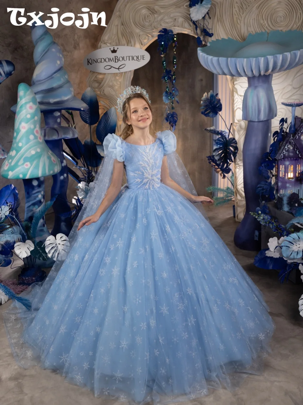 

Sky Blue Glitter Girls Dresses For Birthday Party Gorgeous Elegant Cape Sleeve Kids Princess Gown For Stage Performance 2-14Y