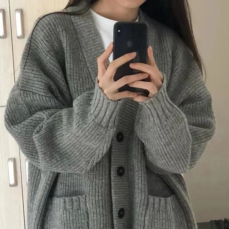 

Women's Autumn WinterFashion Solid V-neck Button Pocket Versatile Long Sleeve Loose Medium Length Sweater Knitted Cardigan Tops