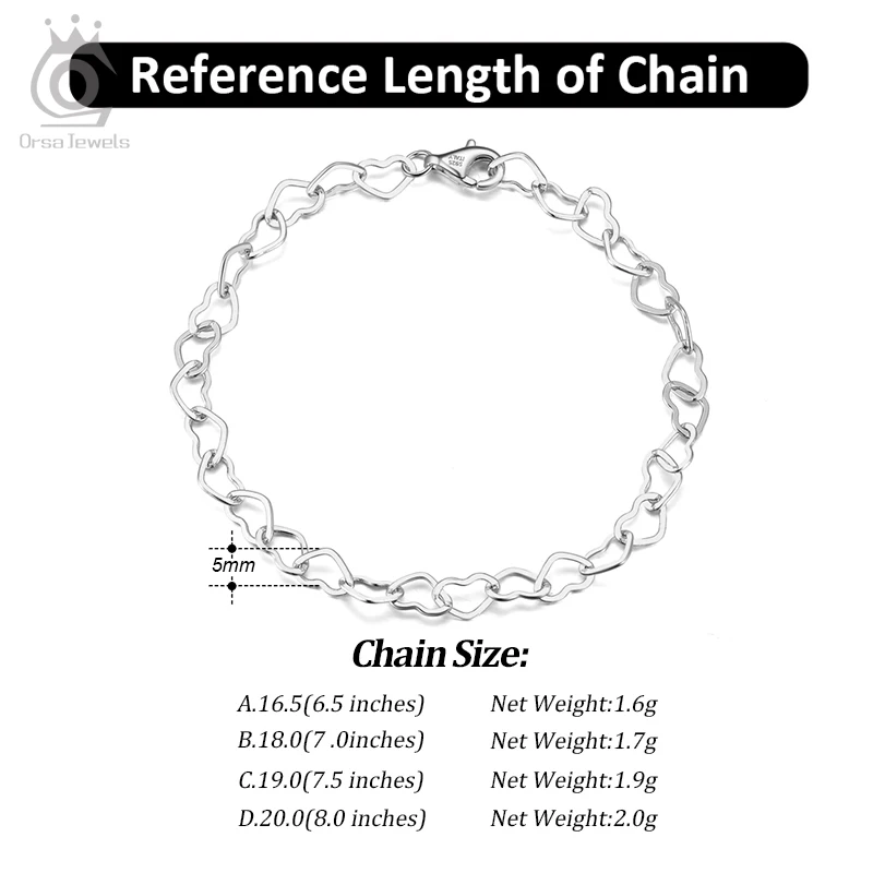 ORSA JEWELS 925 Sterling Silver Elegant Heart Link Chain Bracelet For Women Girl 6.5/7/7.5/8 Inch OL Style Bracelet Jewelry SB99