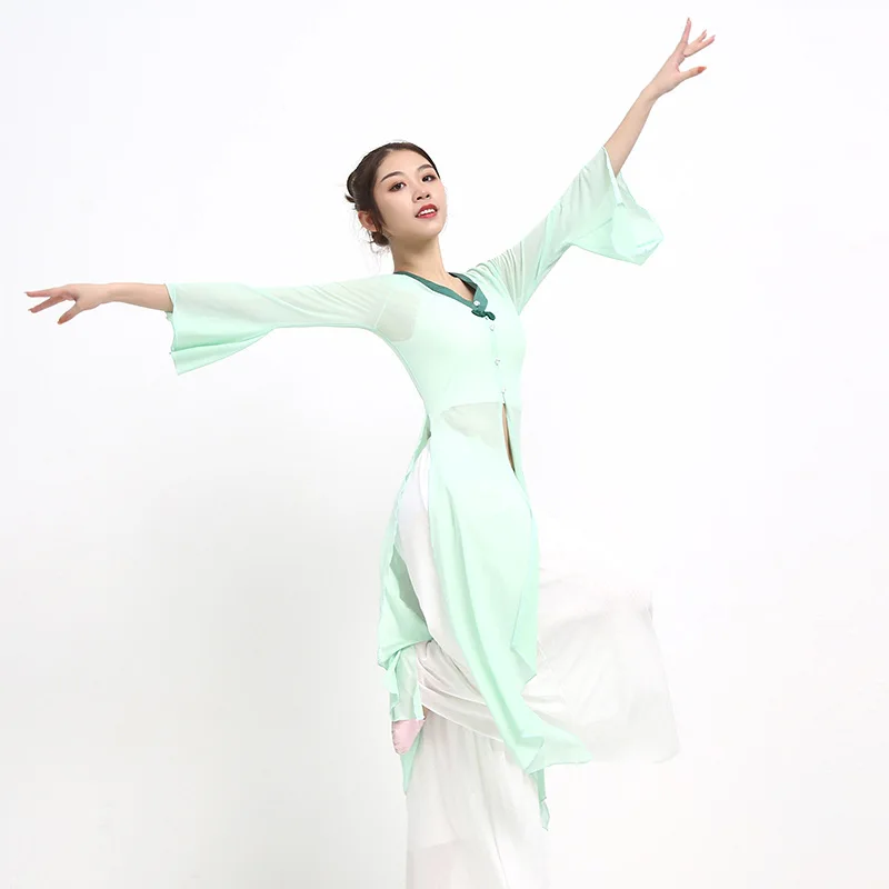 New classical dance clothes body rhyme gauze clothes solid color tops Chinese dance horn sleeves practice clothes set elegant
