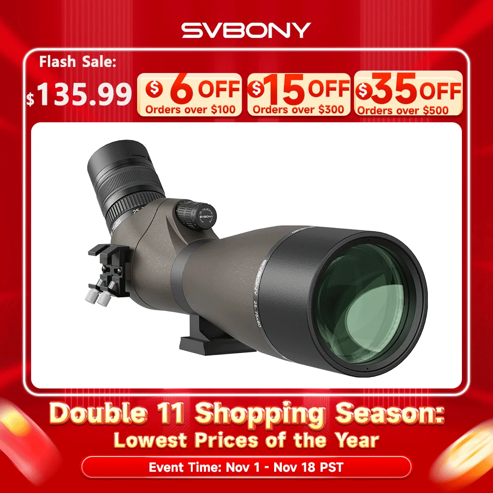 Svbony SV29 Spotting Scope 25-75x80mm FMC 57° Wide Angle Removable 1.25