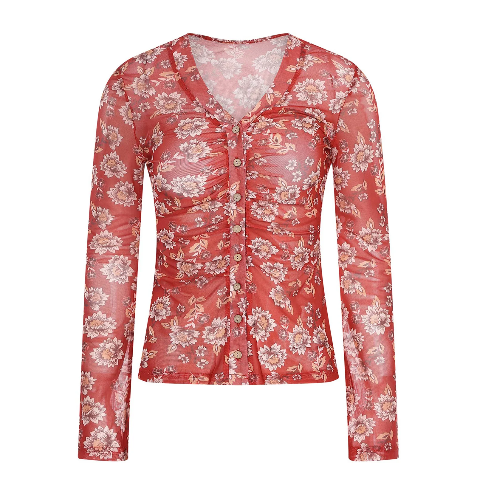 

Women Sheer Mesh Floral Print Ruched Blouses Slim Top Slightly Long Sleeve Front Button-up Boho Shirt for Beach Club Vacation