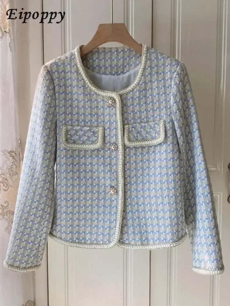 Wysokiej jakości francuski, Vintage mały, zapachowy płaszcz tweedowa kurtka damski wiosna jesień casualowy, smażony krótka w stylu ulicznym płaszcz w kratę