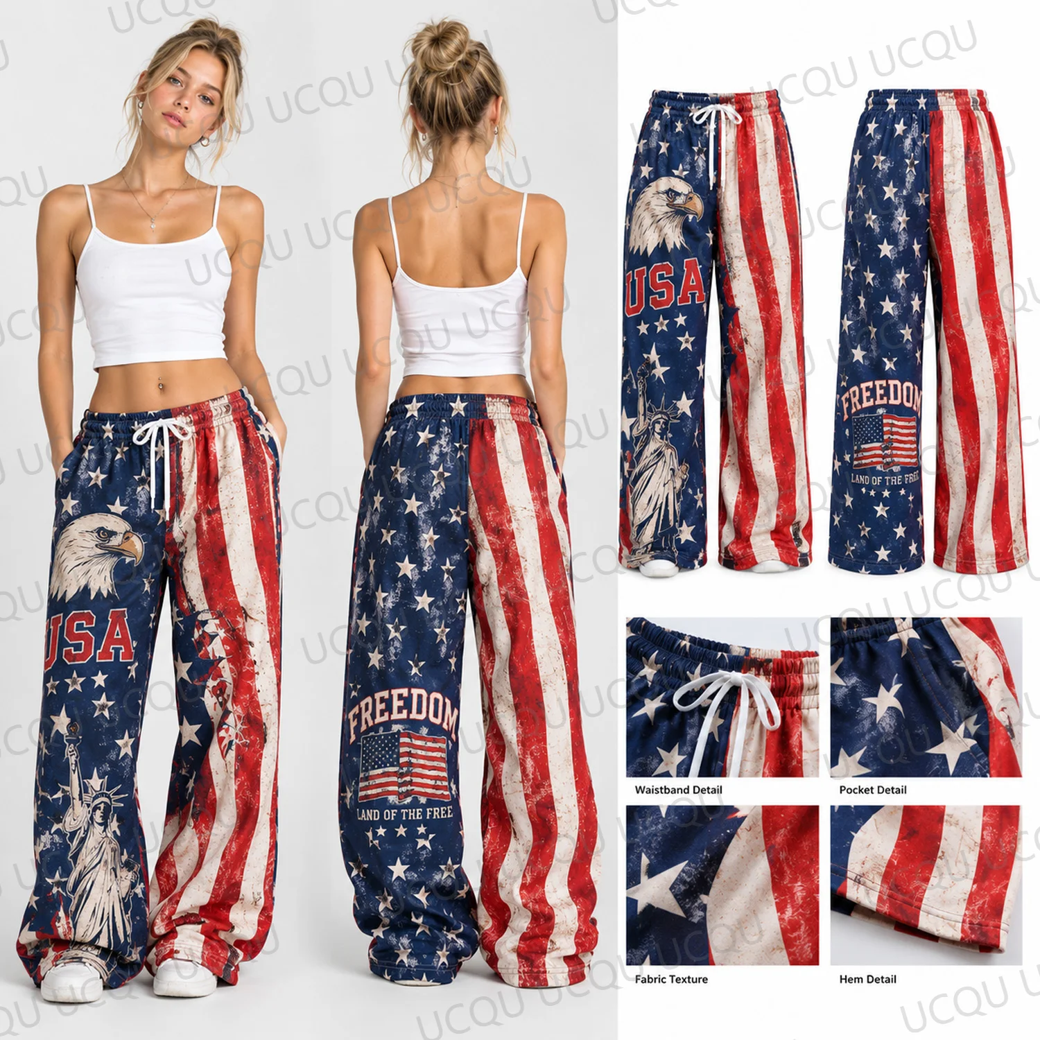 USA Flag Pajama Pants Eagle Statue of Liberty Freedom Print Wide Leg Lounge Trousers Women Men Casual Sleepwear