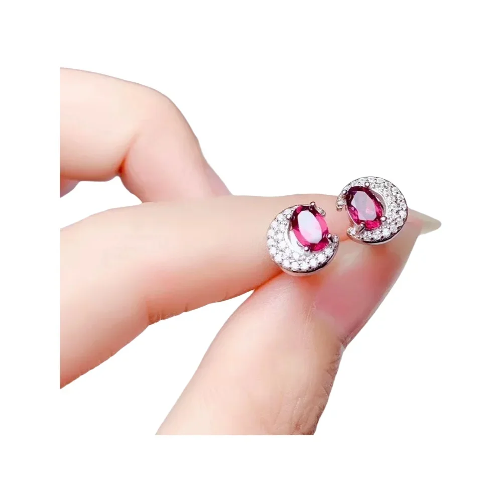 

KJJEAXCMY-925 Sterling Silver Earrings Women, Inlaid Natural Garnet Gemstone, Stud Earrings, Support Detection, Trendy Jewelry