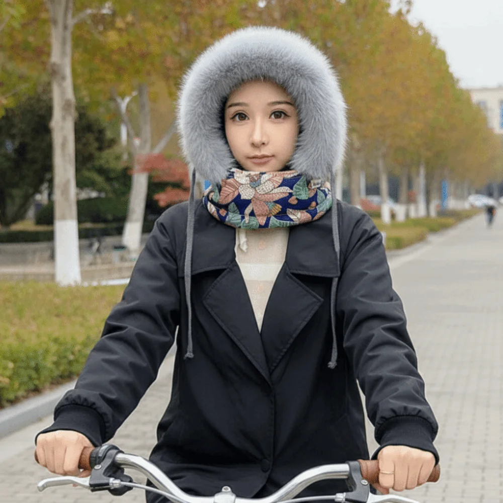 الدفء يندبروف 3 في 1 الشتاء الدراجات قبعة زهرة طباعة منقوشة وشاح دافئ قناع الوجه سميكة الرقبة أدفأ لي فنغ قبعة النساء #3