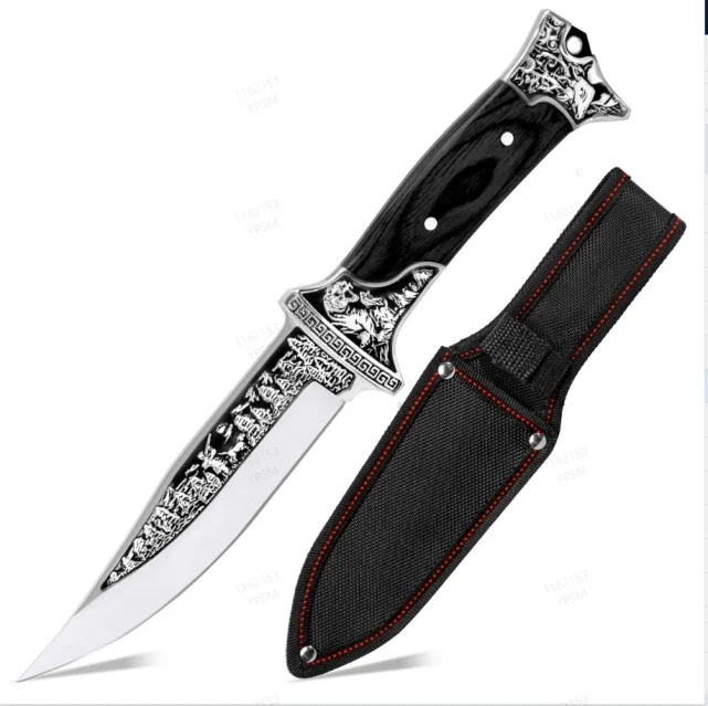 1PC High-Quality Outdoor Knife, Tactical Fixed Blade, Blade with Relief Pattern, Straight Solid Wood Handle, Outdoor Portable High Hardness Straight Knife, with Leather Case, Suitable for Camping, Fishing, Exploration, It Is an Ideal Gift for Men