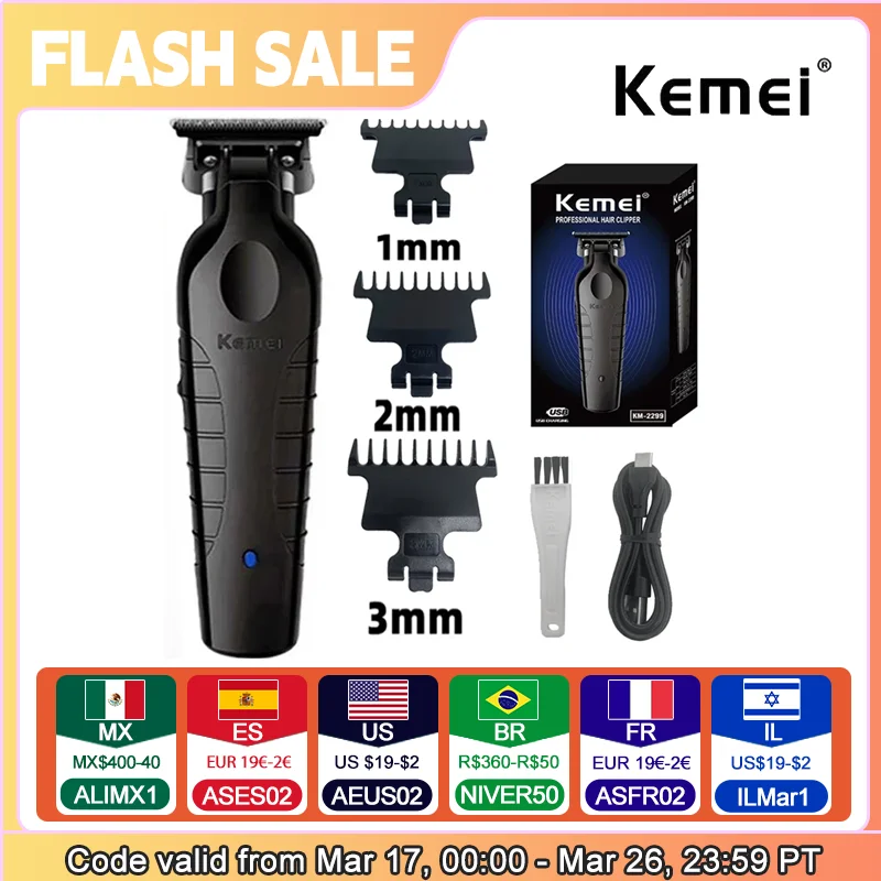 Kemei 2299 Barber Cordless Hair Trimmer 0mm Zero Gapped Carving Clipper Detailer Professional Electric Finish Cutting Machine