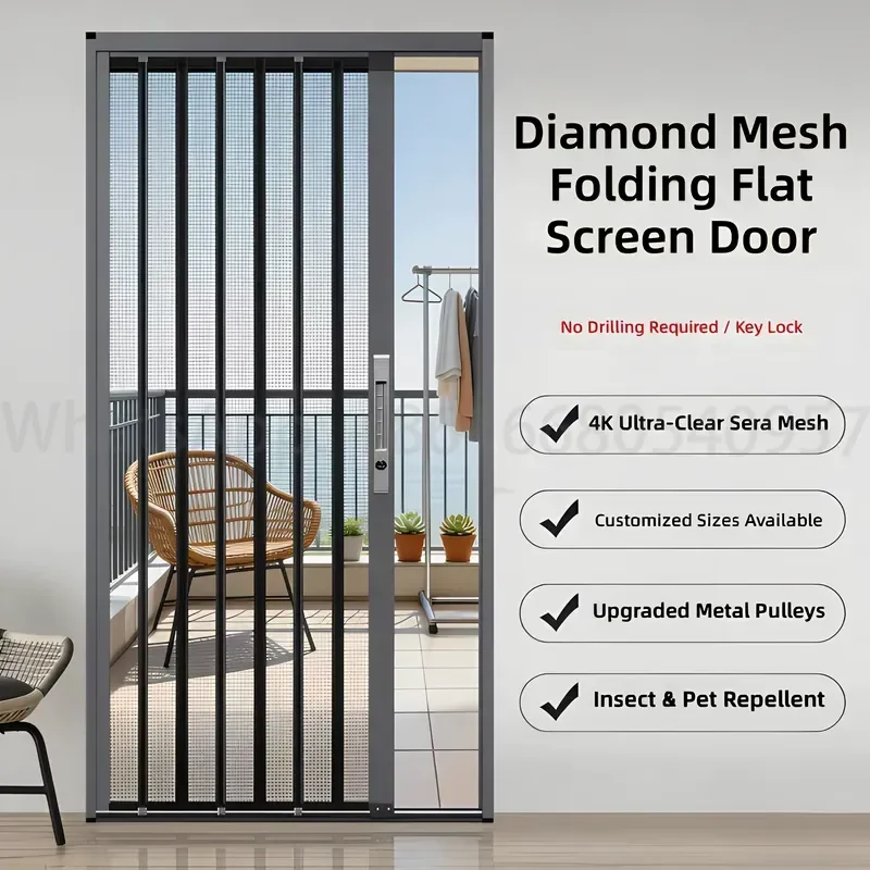 Folding Retractable Anti-Mosquito Screen Door Fire-Proof Fiberglass Mesh 5-Year Warranty Easy Installation for Home Hotel