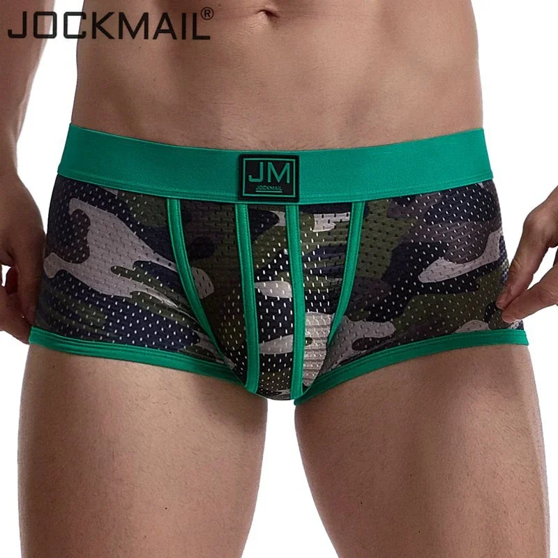 JOCKMAIL mężczyźni bokserki sexy bielizna męska cueca boxer mężczyźni kamuflaż Mesh szorty odzież męska bokserki Fitness elastyczne kalesony