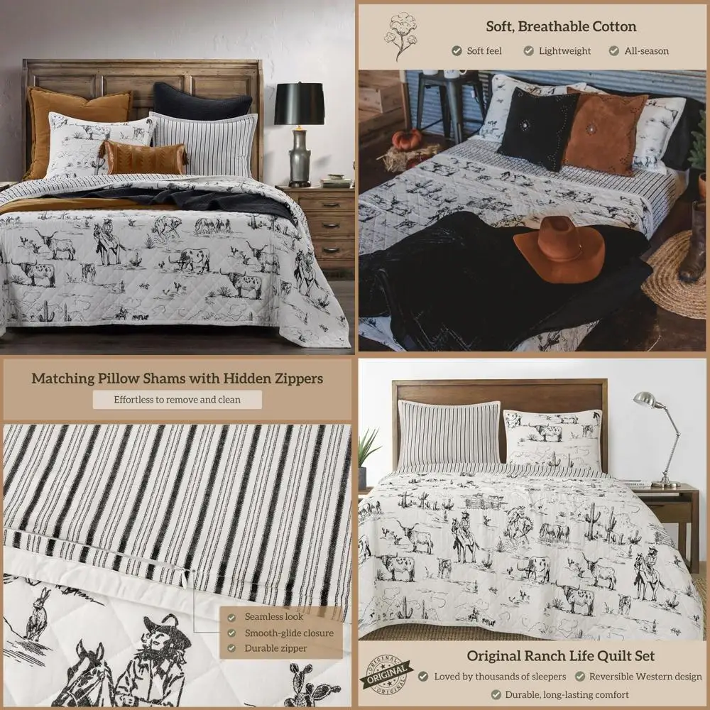 

Western-Themed King Quilt Set: Black and White Cow, Cowboy, Longhorn Horse, and Rodeo Print