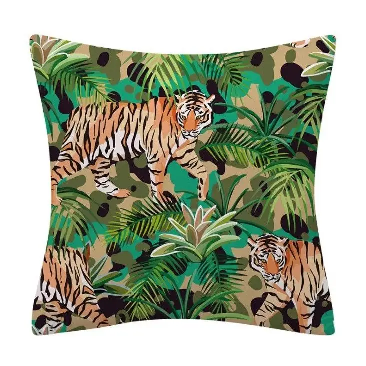 Oil Painting Green Plants Tiger Leopard Pillowcase Living Room Sofa Office Car Waist Protection Cushion Cover 45*45cm