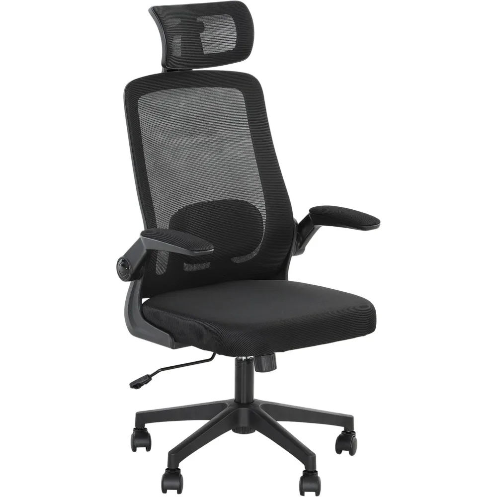 

Office Chair, High Back Desk Chair with Flip-up Armrest, Rotatable Headrest, Tilt Function, Adjustable Lumbar Support, Swivel W