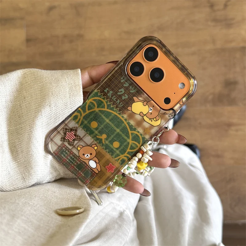 

Funny Cute Plaid Pattern Line Bear Phone Case For iPhone 17 Pro 16 14 15 Pro Max Back Cover with Chain Protective Cases Cartoon