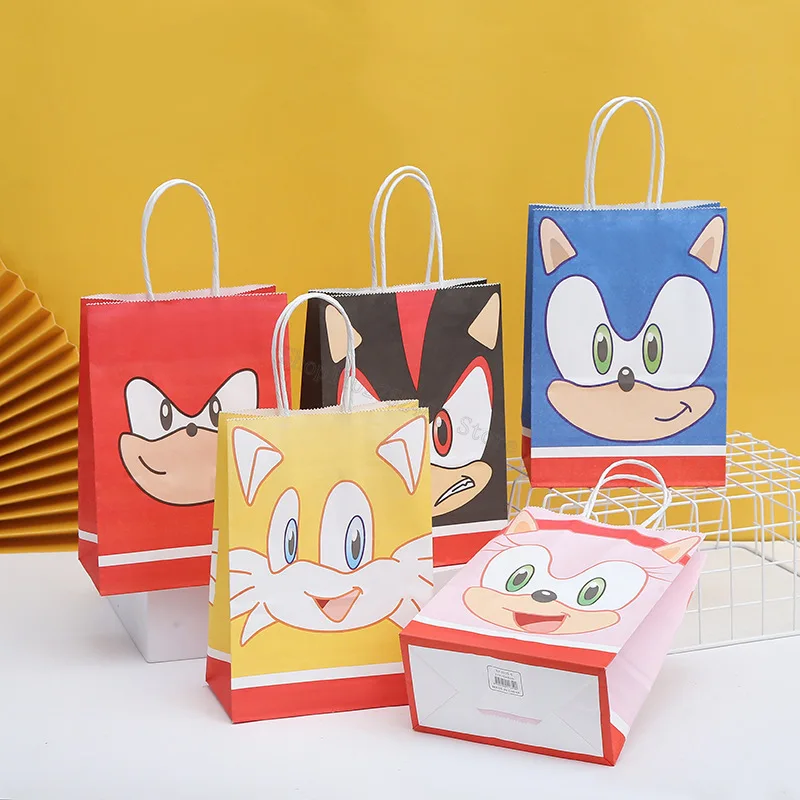 Bolsas de regalo Sonics de 6 uds., bolsa de papel Kraft con estampado de dibujos animados de Anime, caja de dulces para fiesta infantil, soportes para regalos, bolsa festiva para aperitivos de Navidad