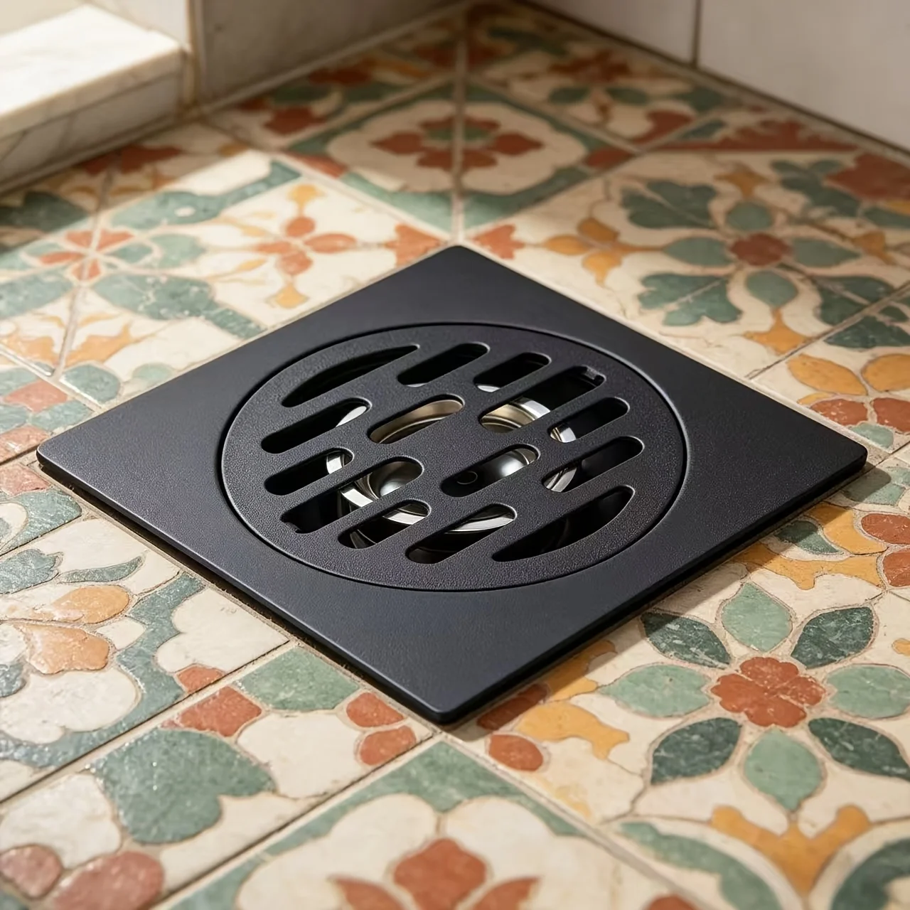 Anti-odor anti-insect black stainless steel floor drain. Features water seal design, painted top cover and snap-fit square frame