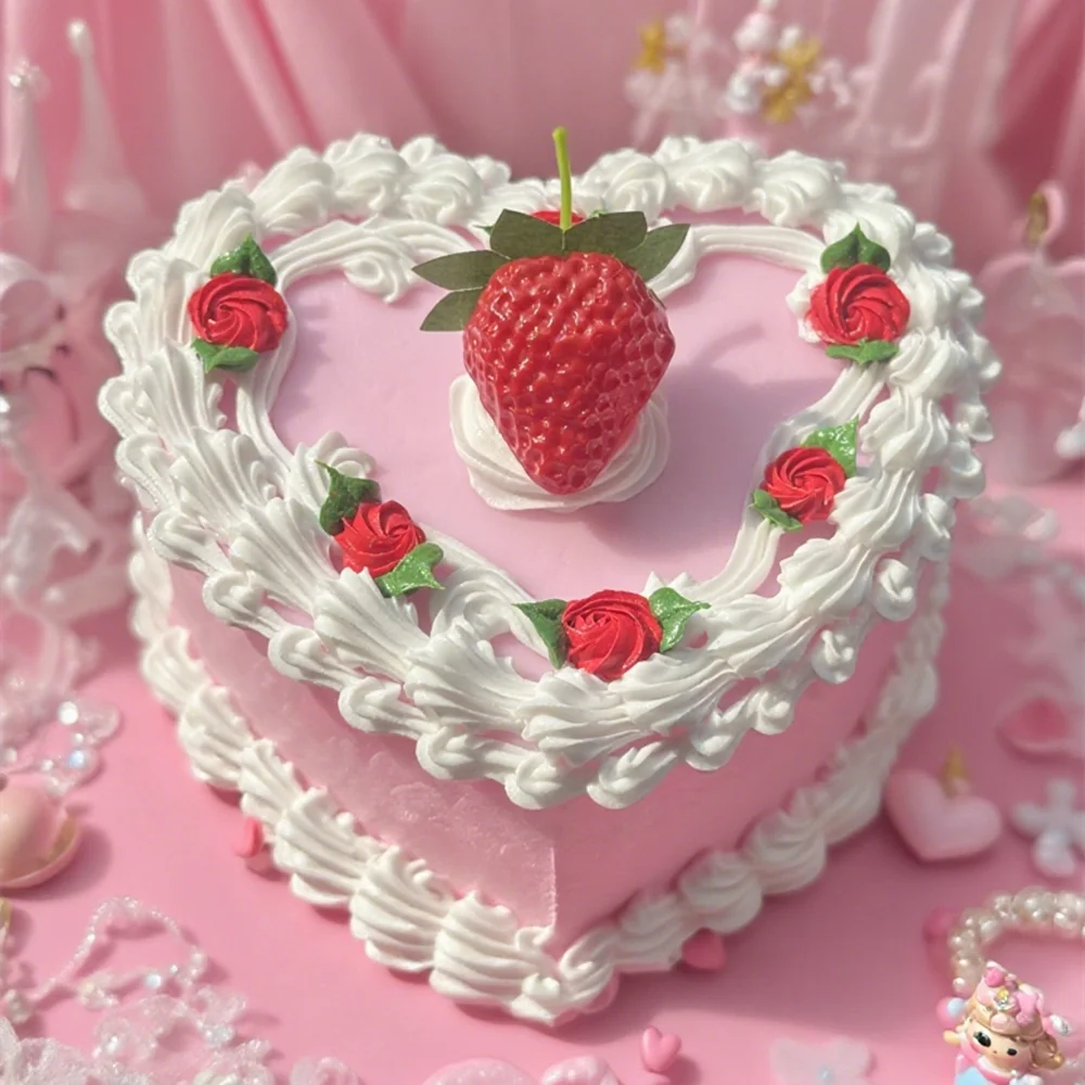 

Lifelike Strawberry Cream Design Vibrant Pink Box Themed Photoshoots Jewelry Gifts DIY Props Fake Cake Trinket Case Sweet Style
