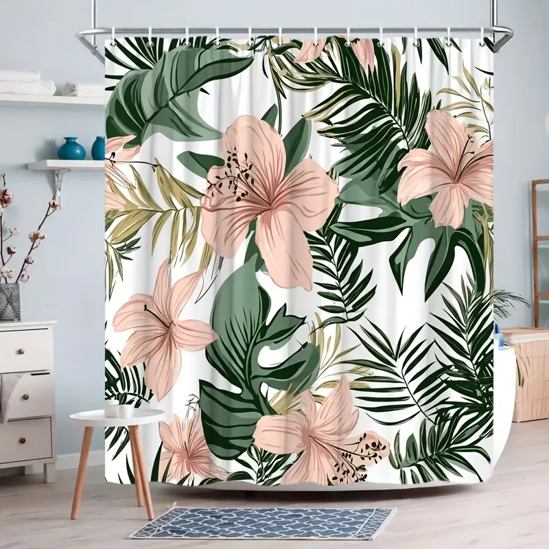 

Tropical Hibiscus Shower Curtain 72x72 Polyester Washable with 12 Hooks – Pink Flowers & Lush Green Leaves